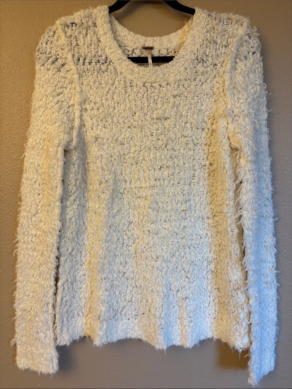 Free People LARGE Ivory Cream Fuzzy Textured Crewneck Sweater